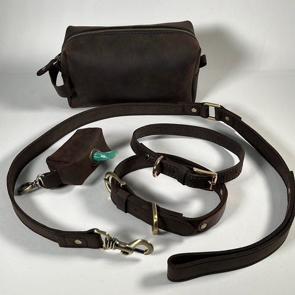 Dog New Natural Brown Genuine Leather Dog Collar Poop Bag Spare Leash